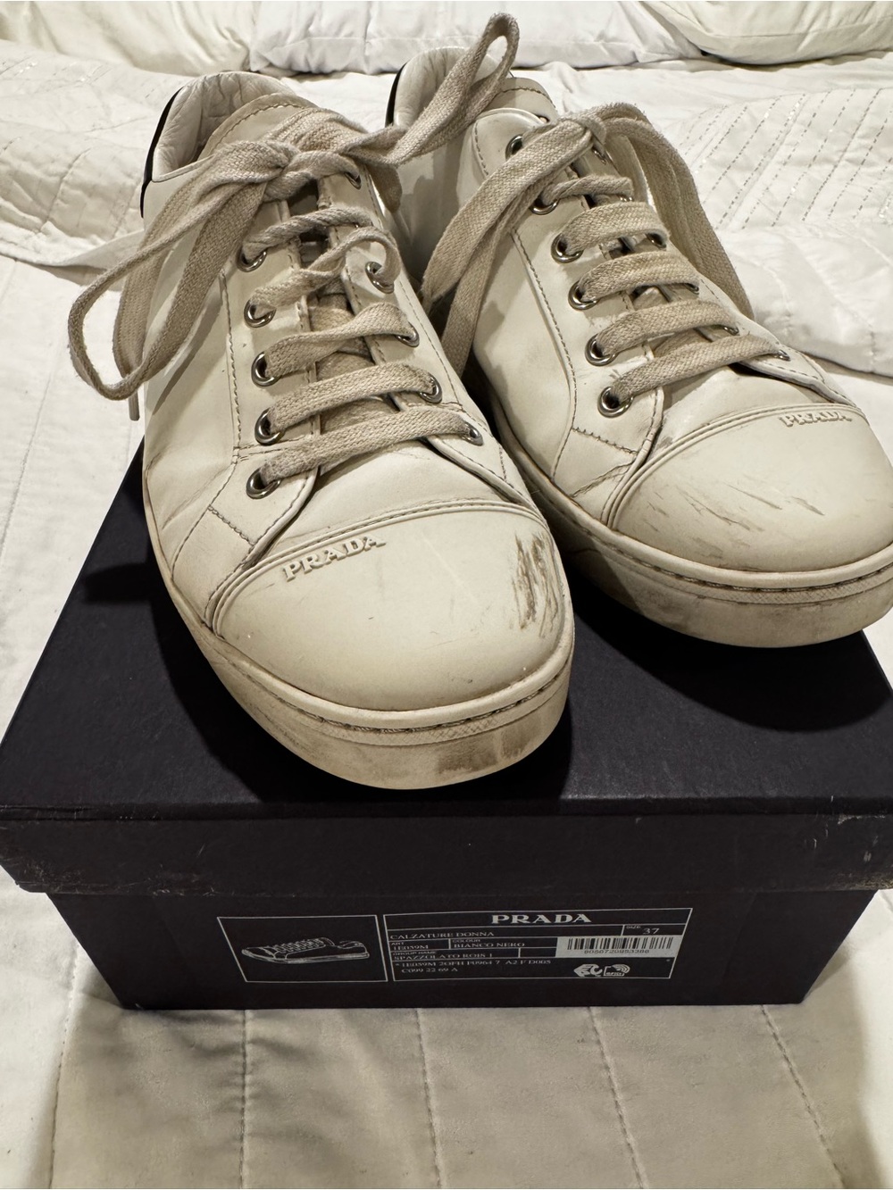 Prada Off-White Leather Lace-Up Sneakers Womens Size 37-US7